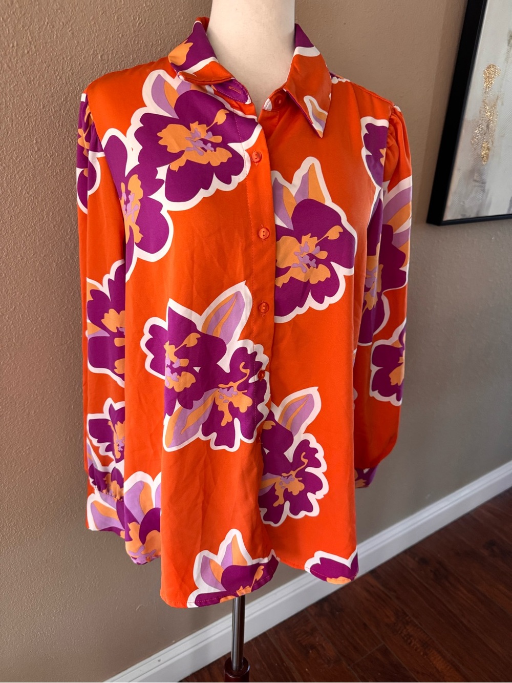 Cato Orange Floral Button-Down Blouse with Purple Accents - Picture 7 of 8
